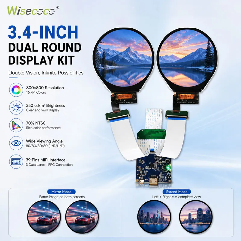 3.4 Inch Dual Round IPS LCD Display 1600×800 Circular Monitor Driver Board for Raspberry Pi Windows PC Smart Home Dashboard