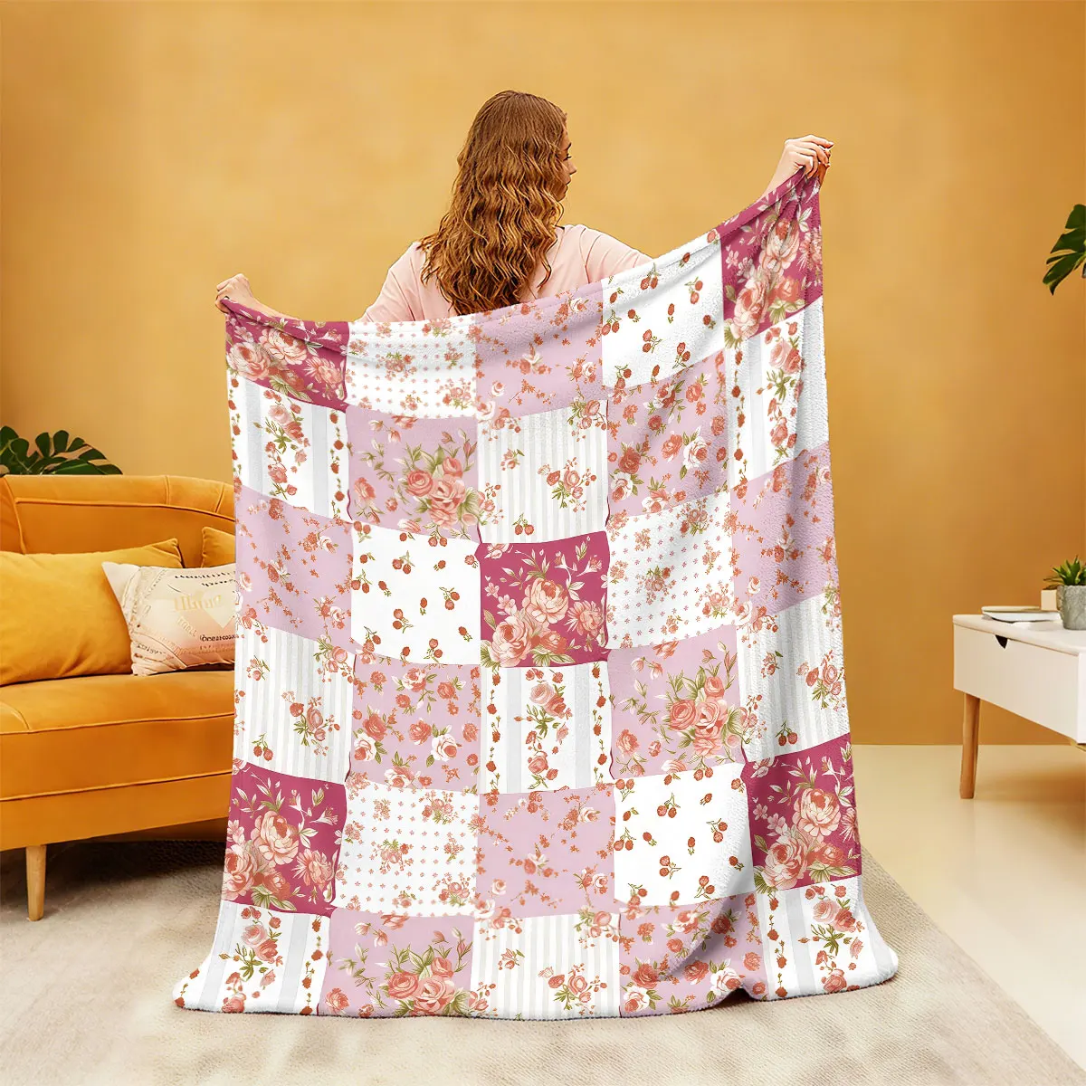 

1pc spring patchwork flower Printed Flannel Blanket Multi Size Casual Comfortable Machine Washed Cover Blanket