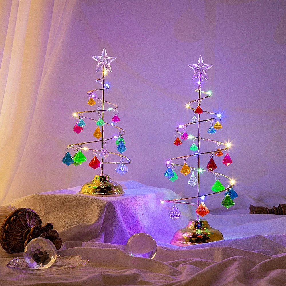 LED Christmas Tree Lamp Small Crystal Decorative Iron Tree Night Light Ornament for Gift