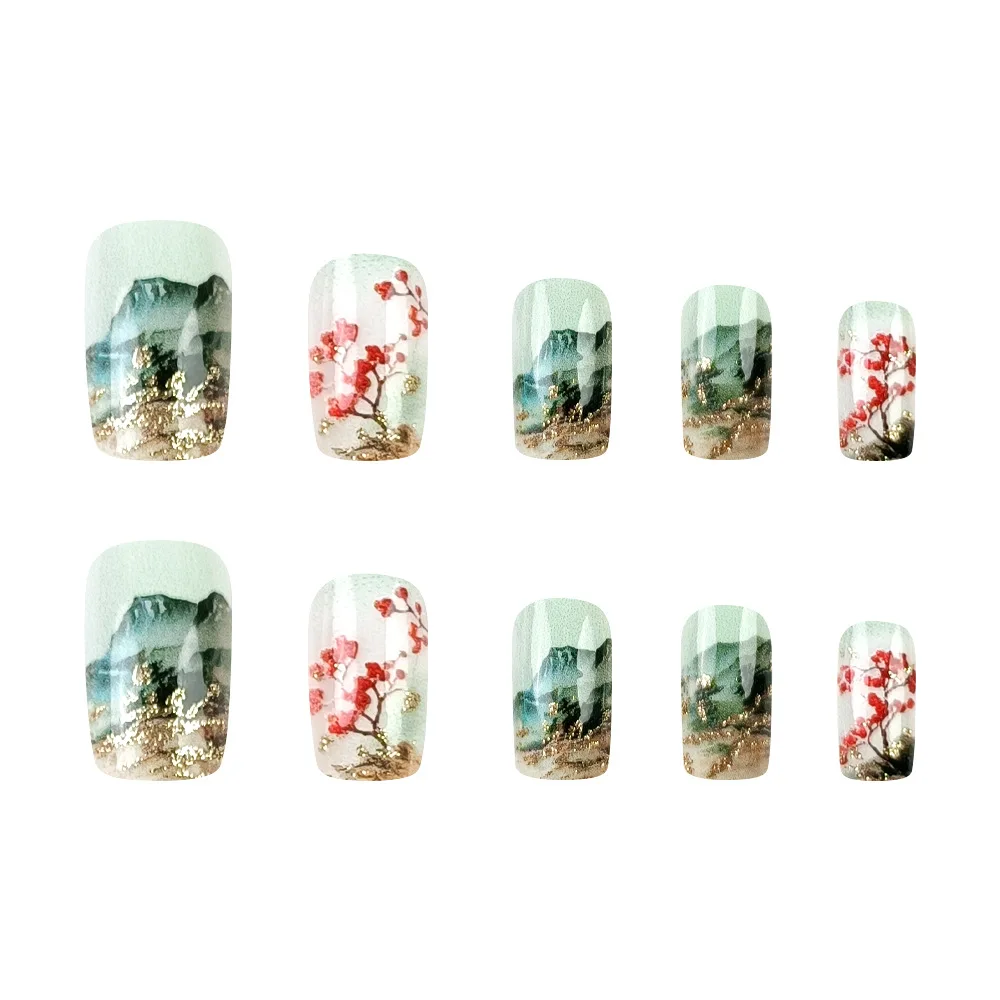 24pcs Chinese Press on Nails Green Hill Plum Blossom Print False Nails Ins Simple Square Wearable Reusable Fake Nails for Women