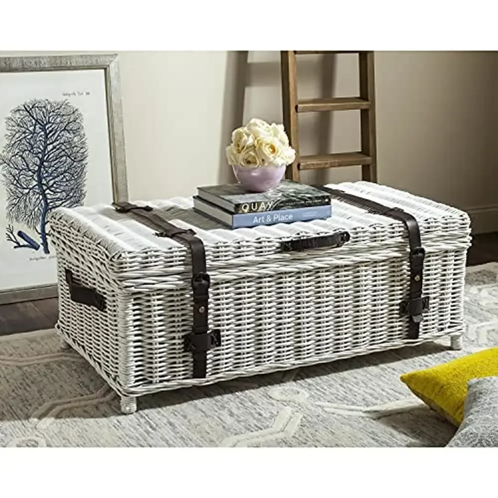 Rectangular Rattan Coffee Table Dining and Displaying White with Grey Accents Crafted of Rattan and Cotton 23.6