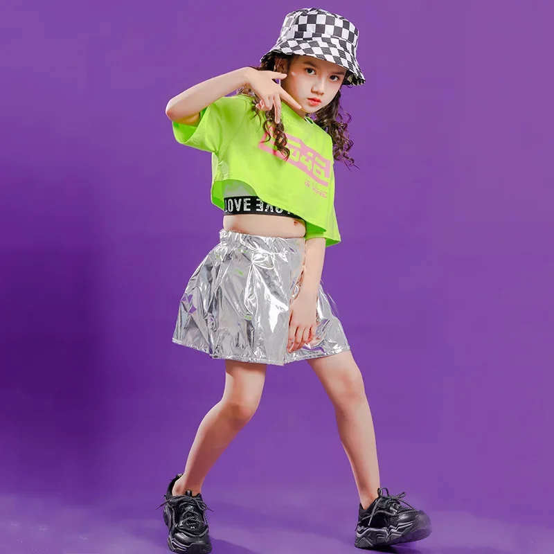 Mädchen Hip Hop Straßenkleidung Grün Crop Tops Silber Lederrock für Kinder Streetwear Kostüm Jazz Dance Kleidung