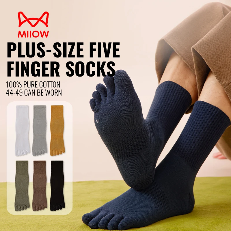 

MiiOW Plus Big Size 44-49 Five Finger Sock 100% Pure Cotton Spilt Toe Sock Antibacterial Sweat-Absorbent Deodorant Long Sock Men