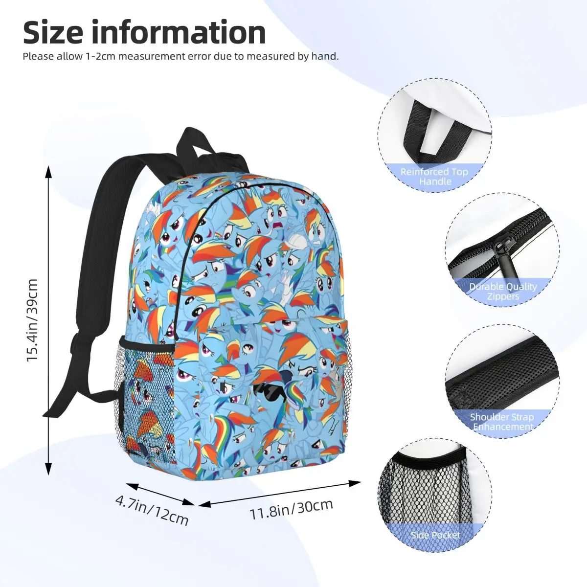 Rainbow Dash Mess mochila, saco de escola leve impressão, novo padrão elegante, 15"