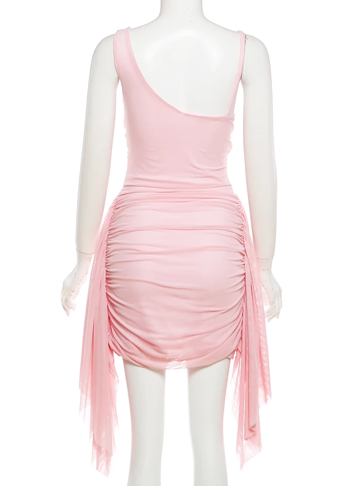 Nibber Elegantes Kleid für Damen mit Rüschen, Quasten, Falten, tiefem Ausschnitt, Patchwork, Mesh, ärmellos, für Abschlussball, Party, Sommer, schick, Mini-Bodycon – Detail 5