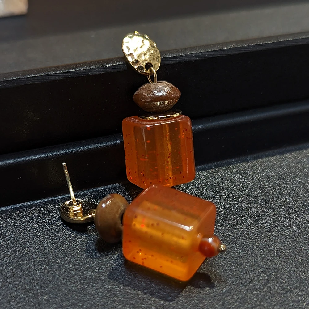 Square Orange Color Geometric Wood Earring