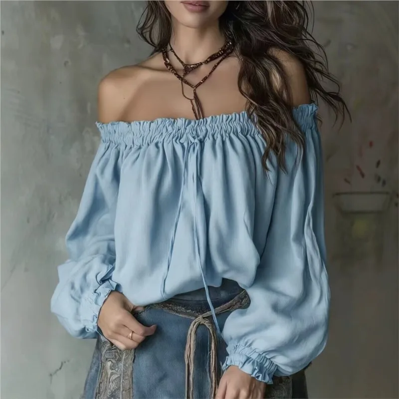 Spring Autumn Casual Solid Color Long Sleeves Top Women's Sexy One Neck Loose Bubble Sleeve Shirt Lady Versatile Office Blouses