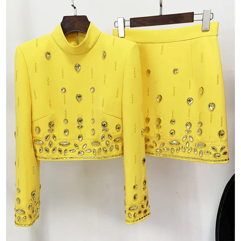 2024 Fashion New Feminine Bead-encrusted Long Sleeve Short Tops Skirt Set Trendy Women's Solid Color High Street Two-piece Sets