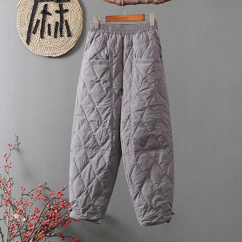 Autumn Winter Warm Trousers Women Casual Loose Elastic Waist Pants Outerwear Warm Thermal Quilted Trousers