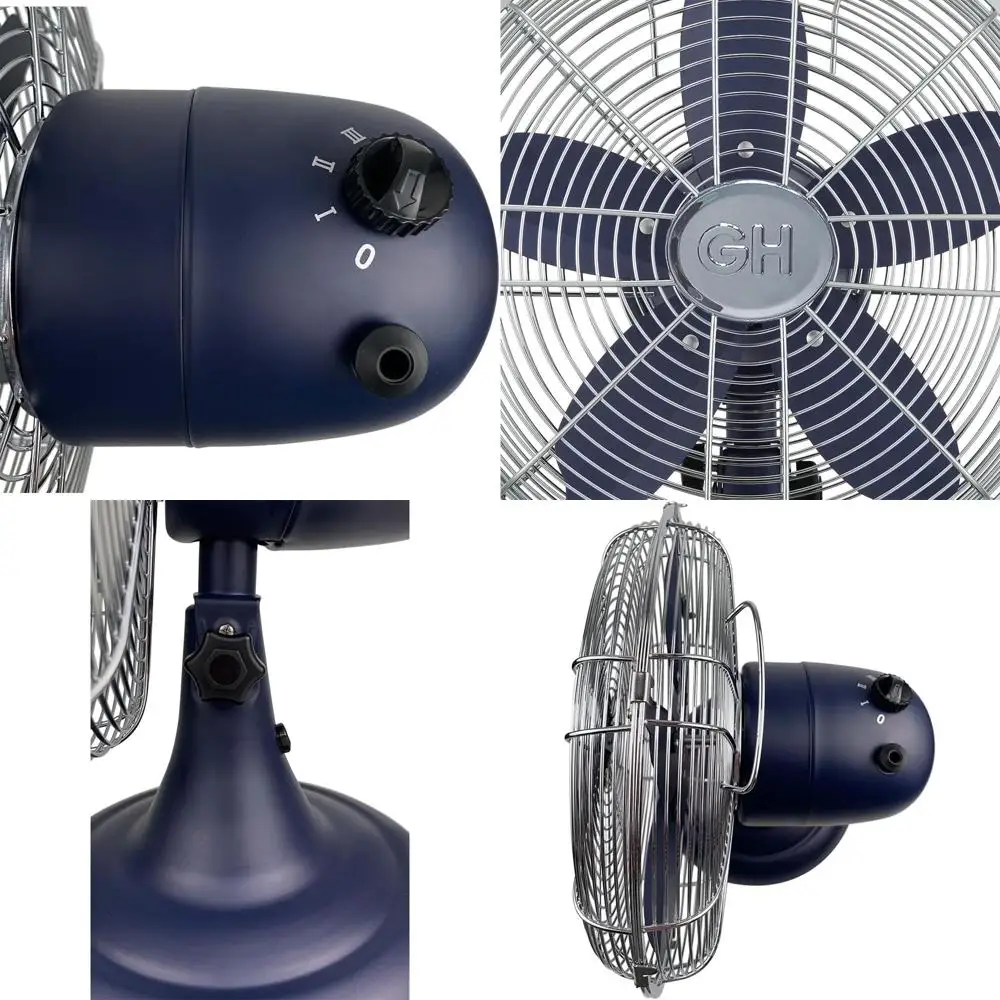 

Цельнометаллический ретро-настольный вентилятор 12 дюймов с широким диапазоном колебаний, 3 скоростями и ручкой для переноски - морской синий