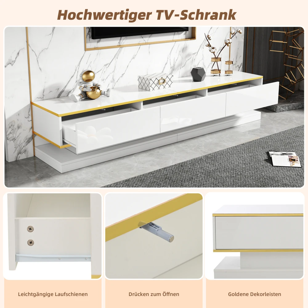 Moderner TV-Ständer mit 3 Schubladen, warmweißes Lowboard, goldener Rand, Wohnzimmer-Aufbewahrungsschrank – Detail 6