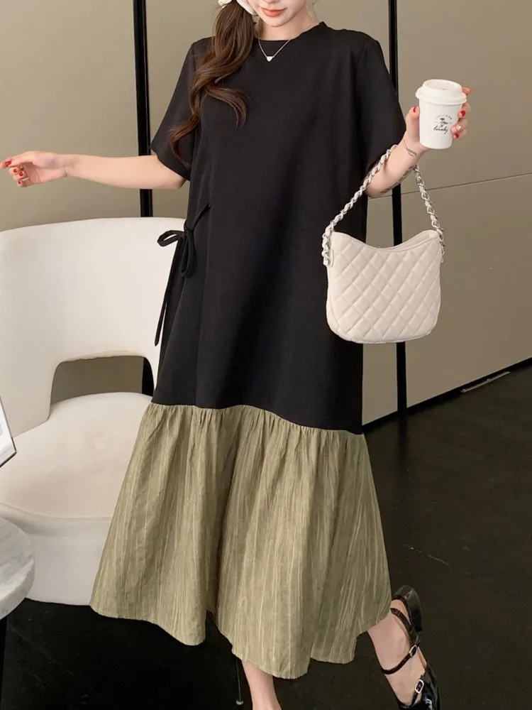 Summer Women's Loose Plus Size T-Shirt Dress Casual Jacquard Patchwork Ladies Dresses Vestidos