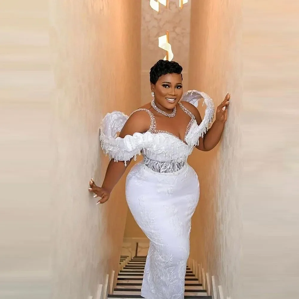 Off The Shoulder Beads Crystals robes de soirée Sequins Lace Prom Dress Plus Size Aso Ebi Evening Dresses