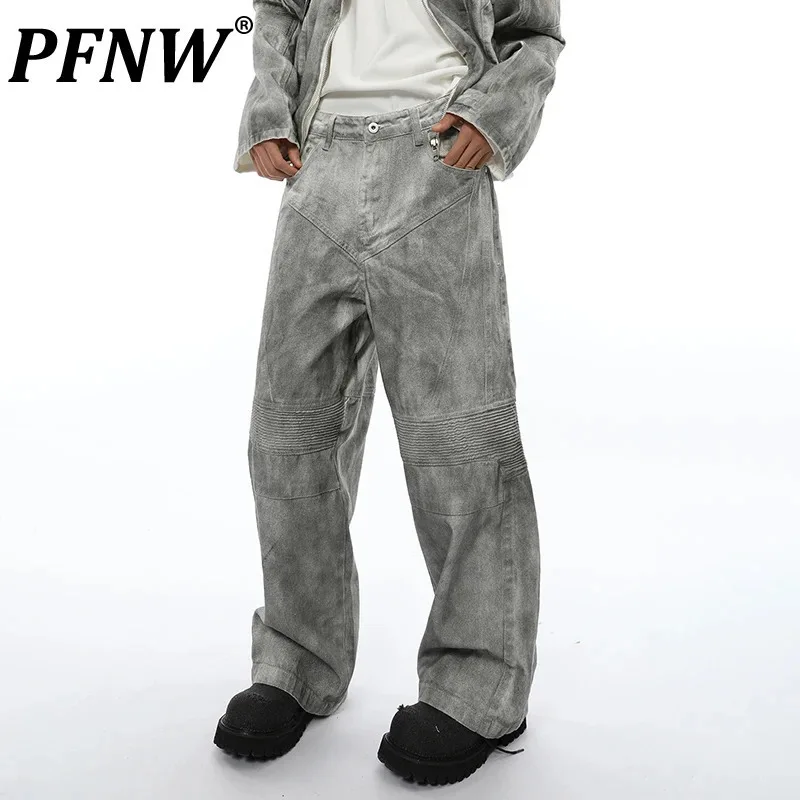 

PFNW American Spliced Worn-out Dirty Washed Jeans Male Street Loose Straight Leg Pants Niche Design Denim Trousers Chic 28W4257