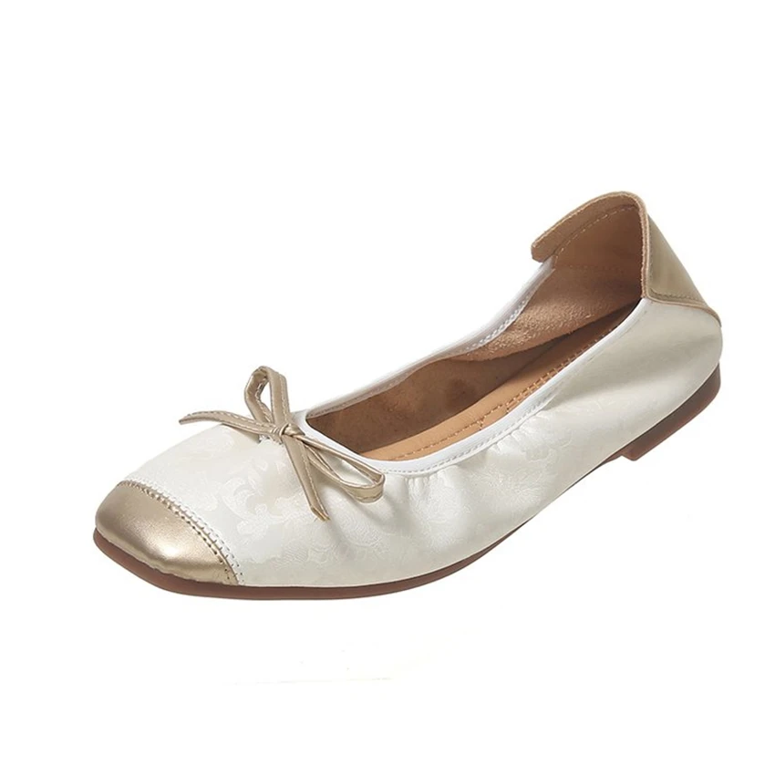 Round Toe Leather Flats Shoes Women Loafers Couple Woman Flat With Students Bow Slip on Ladies Shoes Office Comfortable Shoes