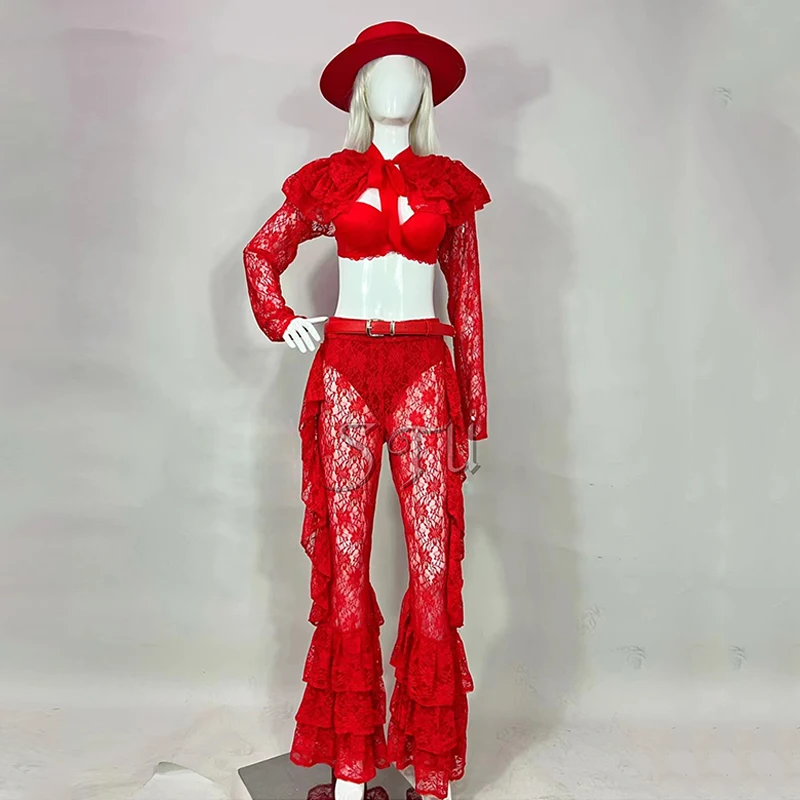Women Stage Show Costume Red Lace Performance Suit Sexy Top Pants Set Gogo Dancer Outfits Nightclub Party Rave Clothing VDL4670