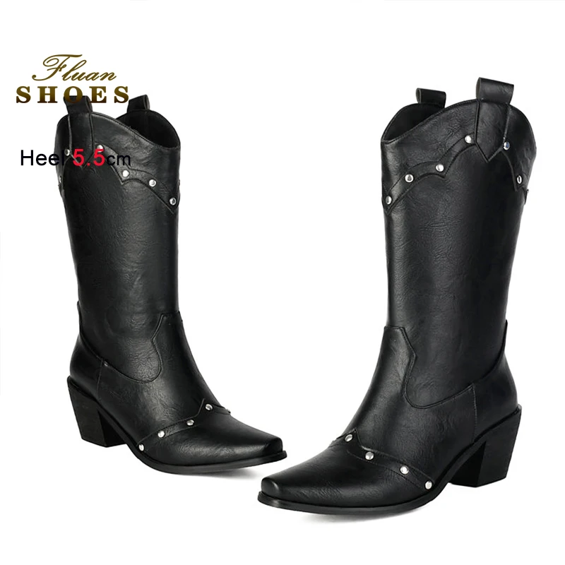 여성용 카우보이 부츠 5.5CM 레트로 스퀘어 토 웨스턴 스타일 미들 부츠 펑크 리벳 슬립온 가을 청키 하이힐 블랙 슈즈