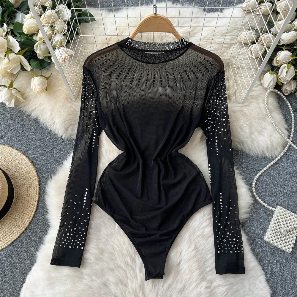 Sexy Gauze Rhinestone Bodysuit Fashion Long Sleeve O-neck One Piece Basic Hotsweet Women  Gothic Slim  Streetwear Jumpsuit Ins