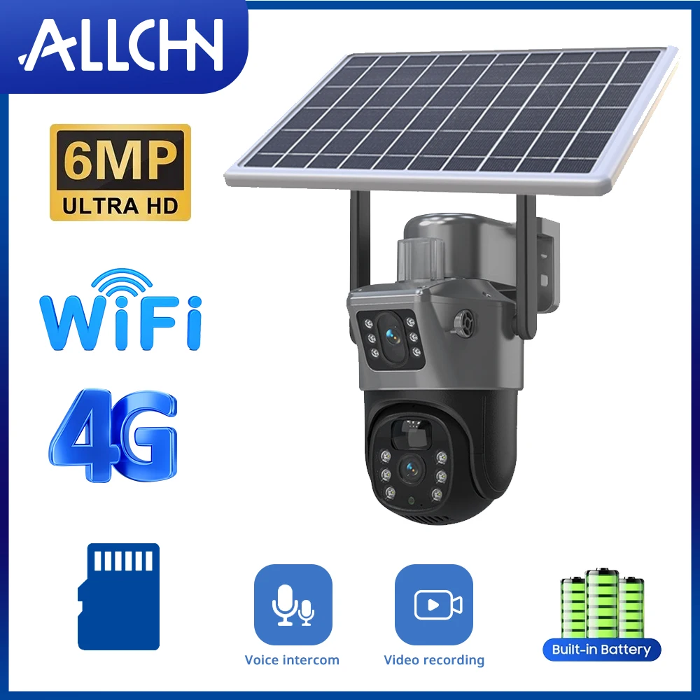 ALLCHN-Caméra de surveillance extérieure solaire 4G HD 6MP, dispositif de sécurité sans fil, étanche, avec vision nocturne, n'aime, WIFI, panneau solaire, chargeur de batterie