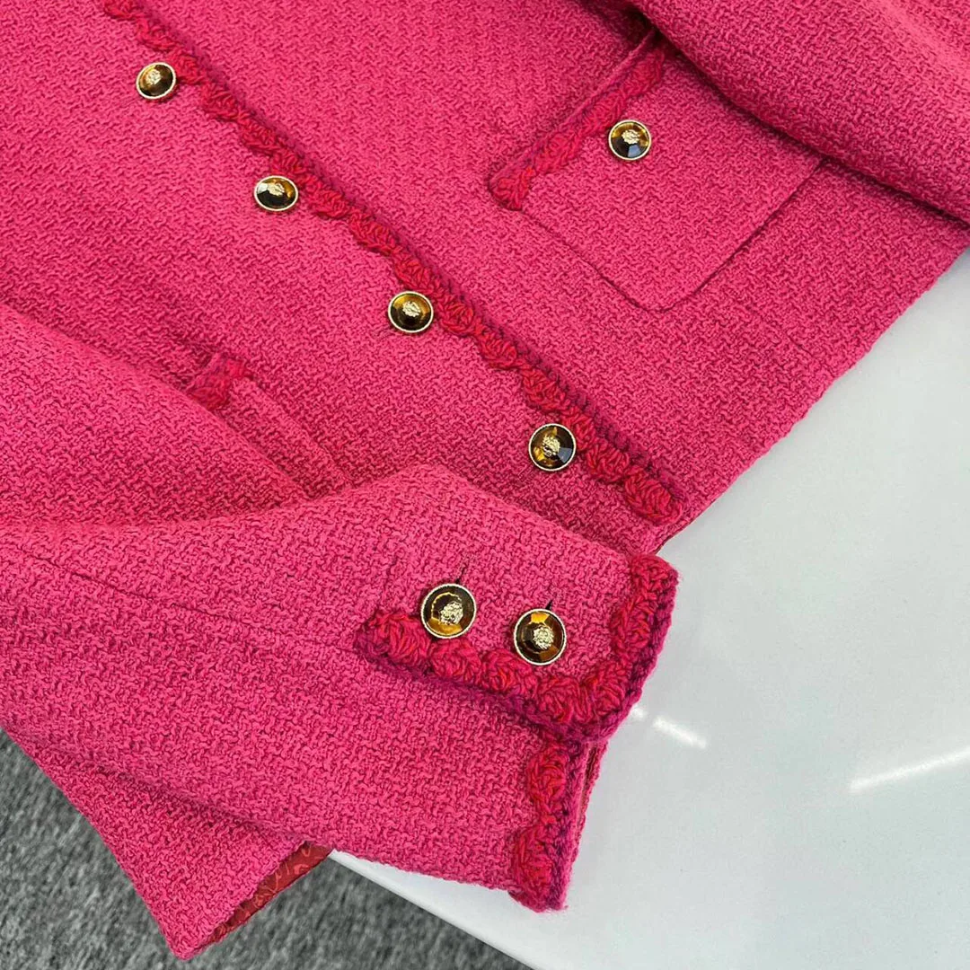 Bright Hot Pink Wool Blends Women Tweed Jacket Stand Collar Long Sleeve Buttons Pockets Graffiti Print Silk Liner Vintage Coat