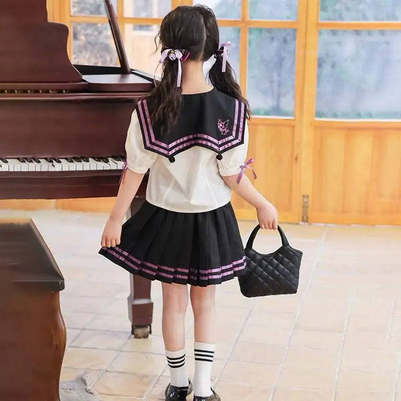 Kawaii Sanrioed Kuromi Kids Korte Mouw Pak Meisje Schattige Jk Uniform Geplooide Rok Preppy Mode Pak Zomer Kinderkleding