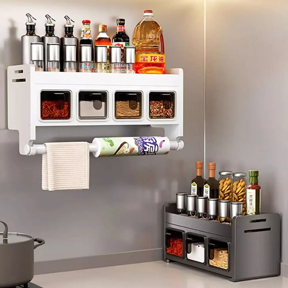 

Wall Mounted Seasoning Box Rack Waterproof Multifunctional Spice Jars Rack Moisture-proof Stable Condiment Jar Storage Holder