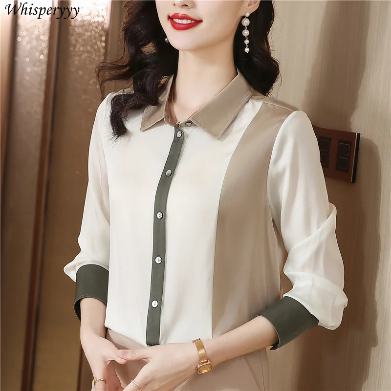 Three Color Patchwork Shirt Women's Fashion Temperament Tops Single Breasted Lapel Blouse for Ladies Long Sleeves Chemise Femme