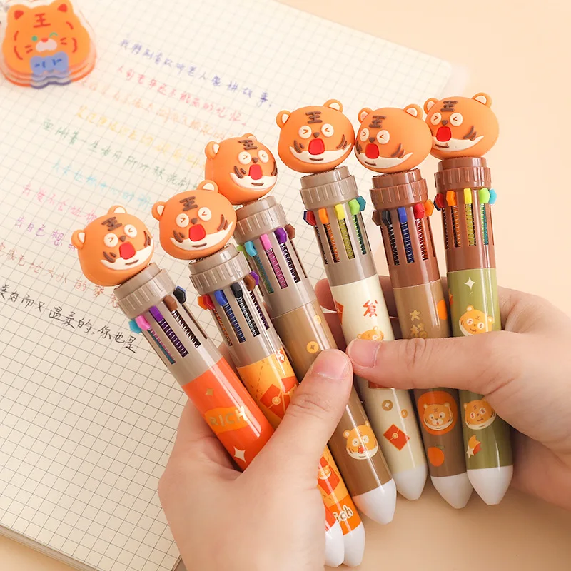 20pcs  Cartoon cute ten color ball point pen high capacity middle school students press multi-color brush question pen