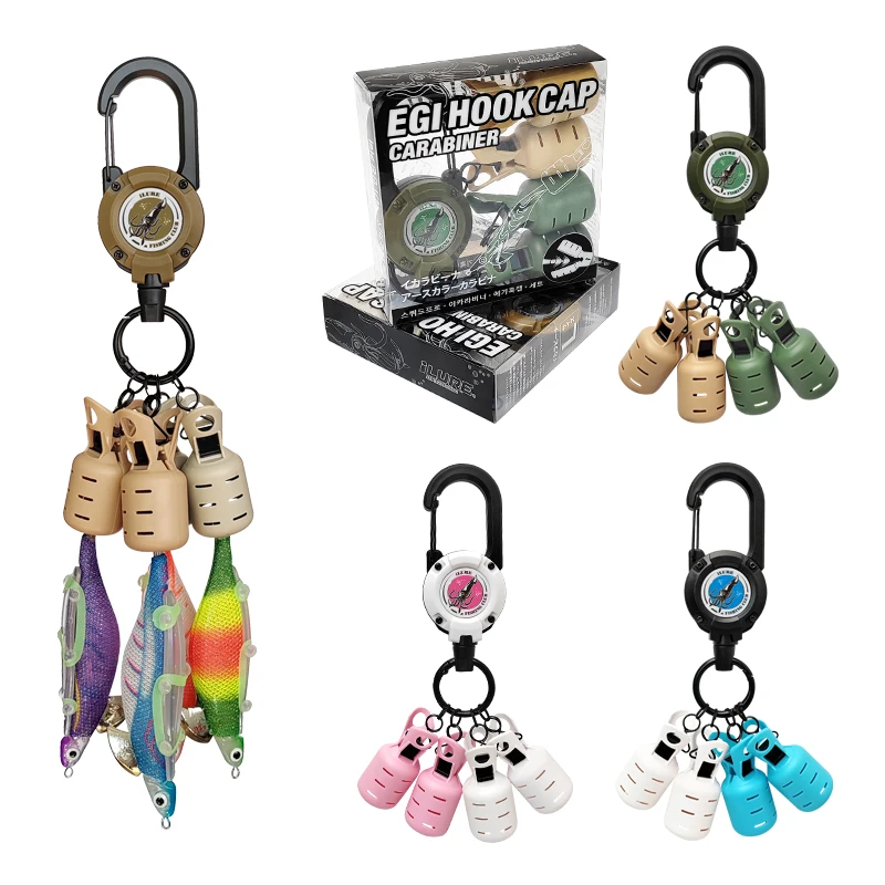 Yeni 4 adet kalamar Jig yem koruyucu Webfoot ahtapot Egi Hooks kapak Cuttlefish şemsiye cazibesi kap geri çekilebilir toka ile Carabine