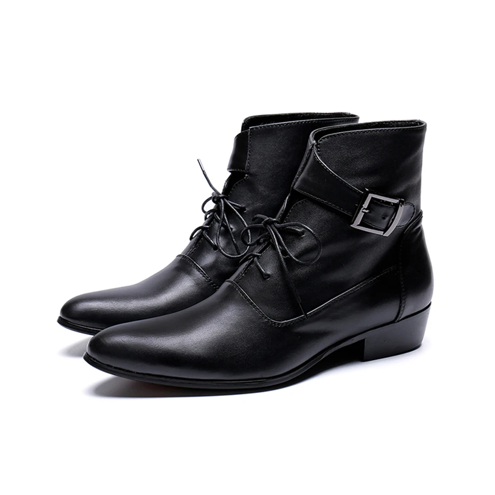 

Black Cross-Tied Buckle Genuine Leather High Heels Pointed Toe Boots Male Plus Size Party British Style Business Dress Shoes