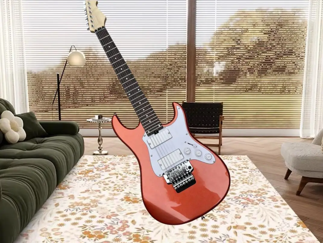 Classic 7 string guitar, metallic orange red body, Tremolo bridge, white pickup, white pearl board, maple neck, factory custom