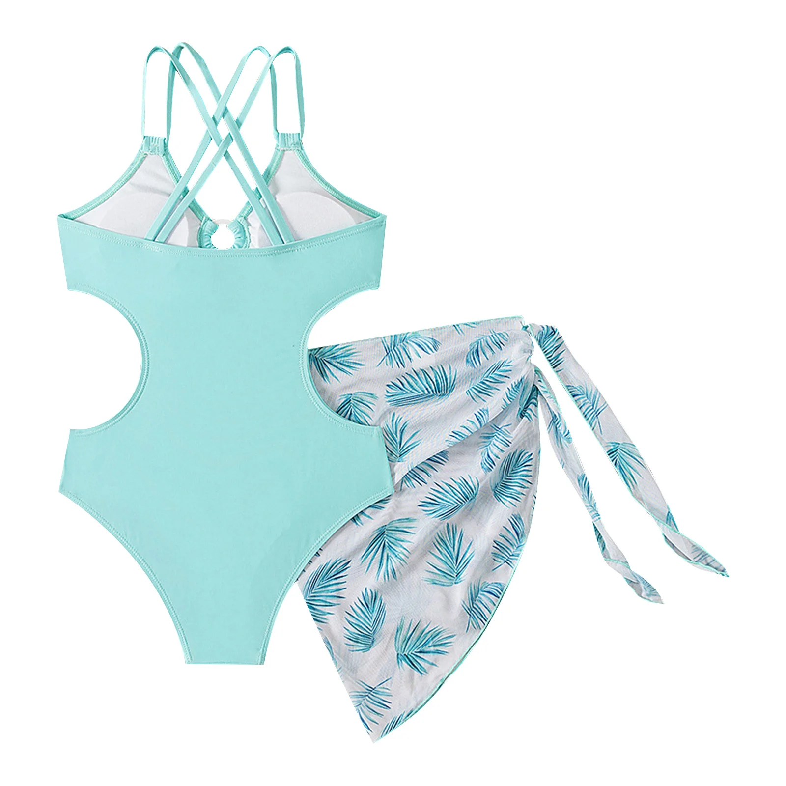 Kid Girls Swim Leotard Sets One Piece Swimsuit Strappy Padded Cutout Waist Side Bathing Suit Swimwear Romper with Cover Up Skirt