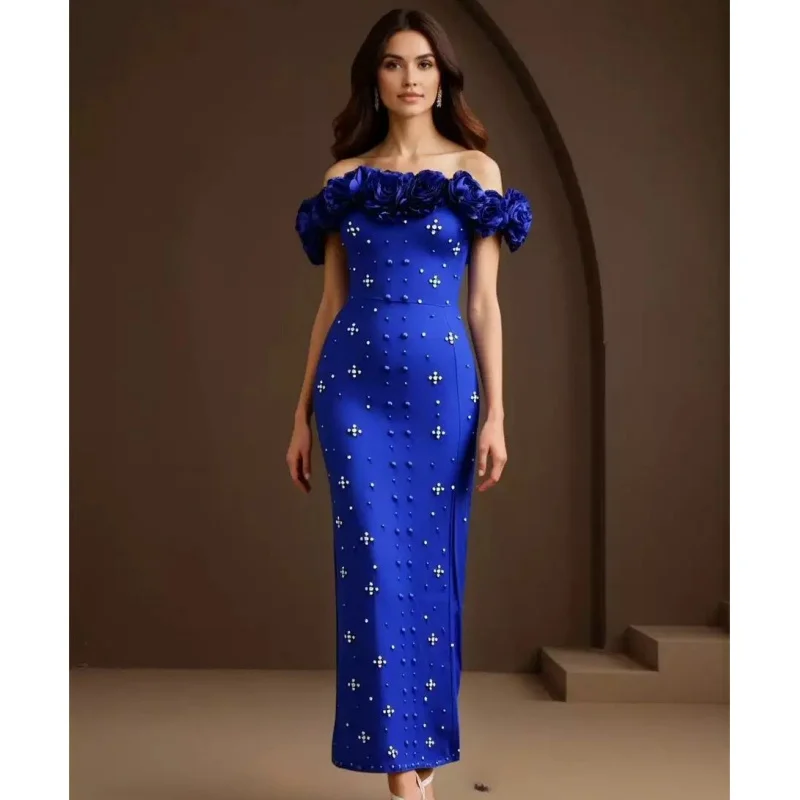 

2025 New 3 Colors Stereoscopic Flowers Shining Diamonds Sexy Off The Shoulder Long Bandage Dress Graceful Woman Evening Party