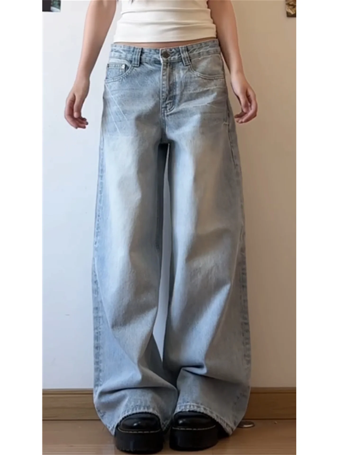

American Style Vintage Low Waist Wide Leg Jeans Women Spring Washed Loose Slimming Sexy Low Waist Pants
