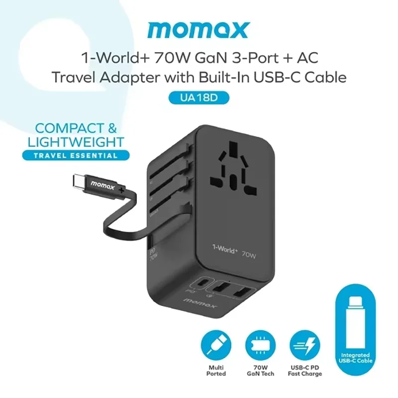 

MOMAX Universal Travel Adapter GaN 70W, International Power Plug Adapter With 1 USB C ,2 USB a Ports and 1 USB C Cable