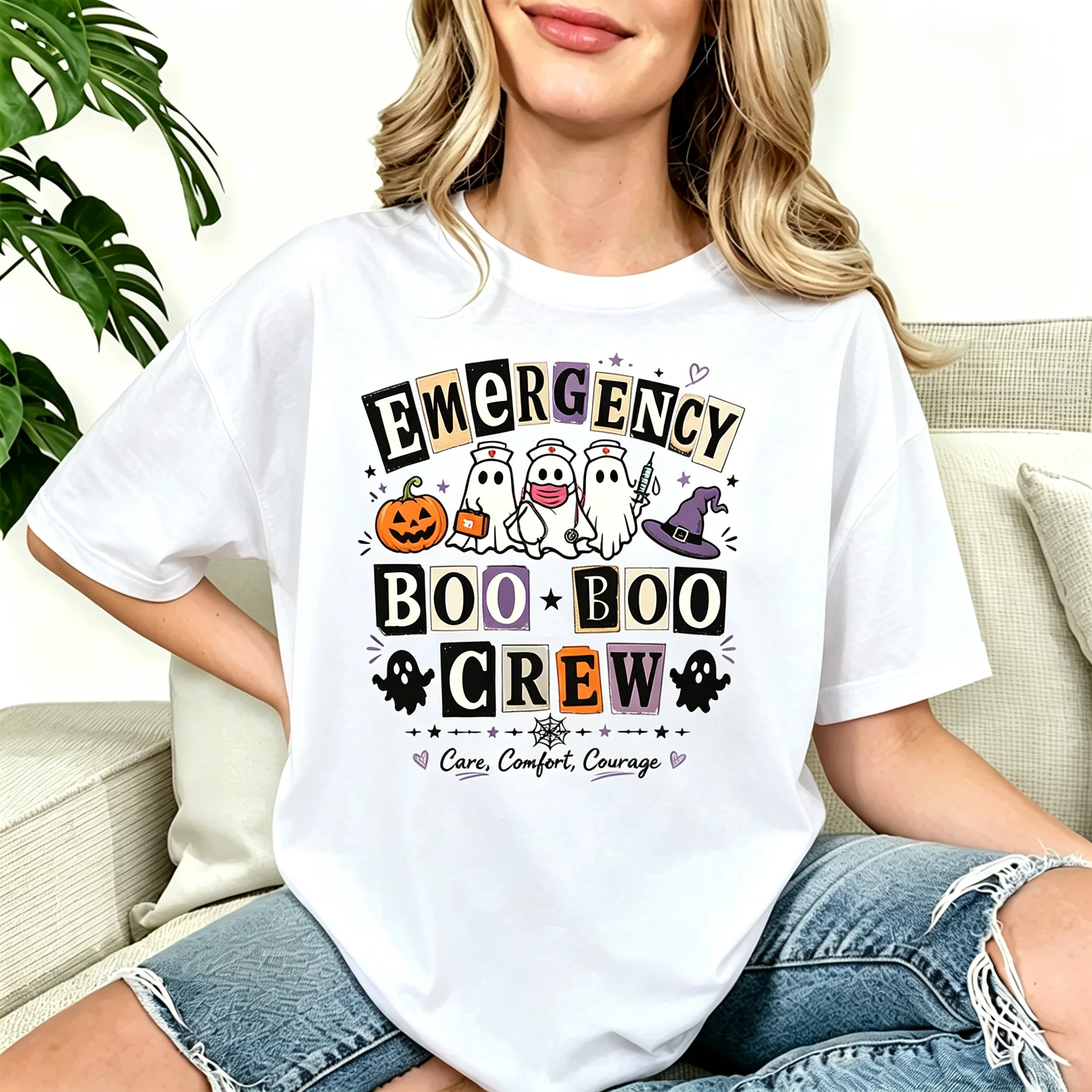 Halloween T Shirt Nurse Ghost Pumpkin Graphic Tee Unisex Short Sleeve Care Comfort Courage Medical Staff Halloween Party Top