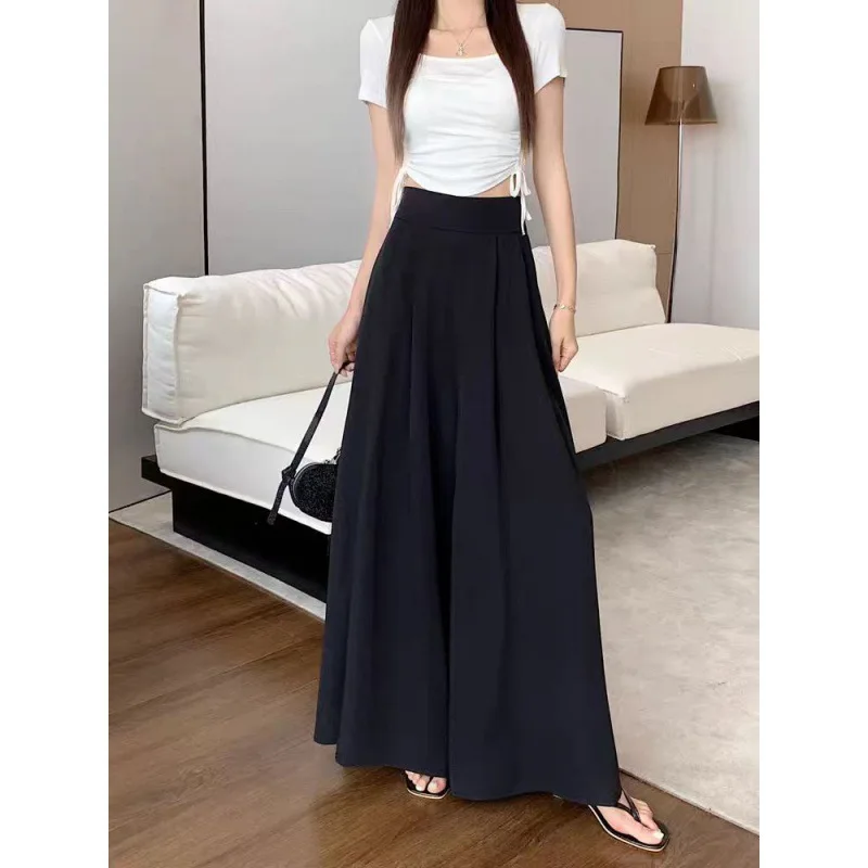 Women Elastic Wide Leg Pleated Suit Pants High Waist Drape Streetwear New In Suit Pants