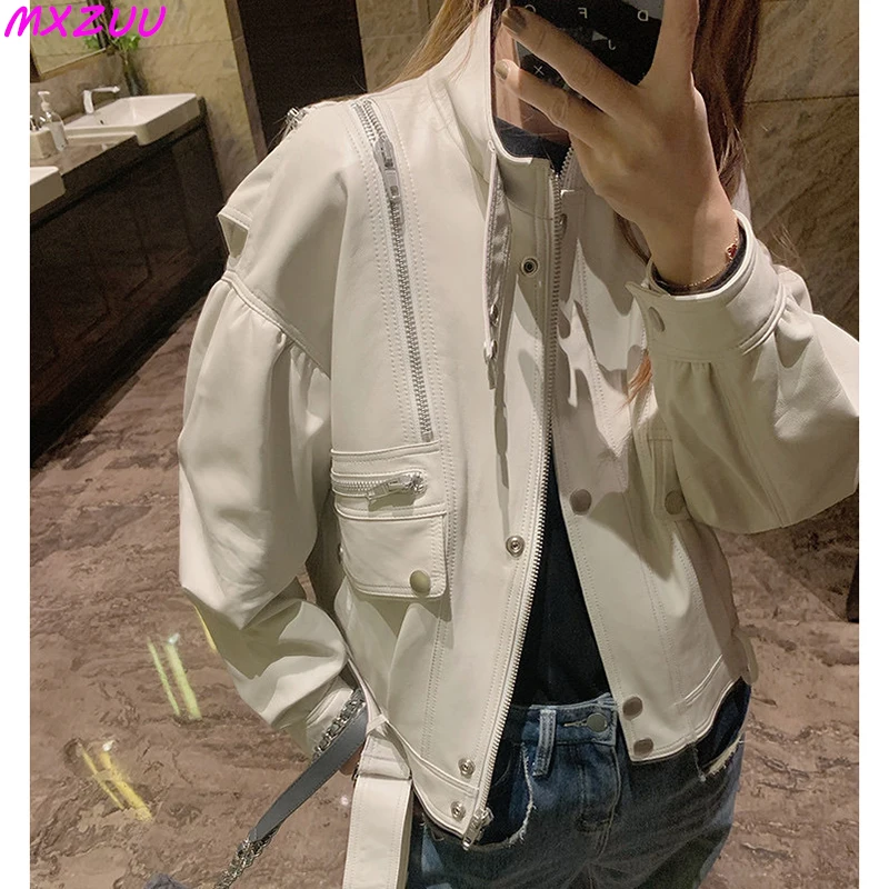 Women Short Trendy Baseball Uniform Chaqueta Piel Mujer Genuine Sheepskin Punk Locomotive Loose Manteau Pocket Metal Zipper Tops