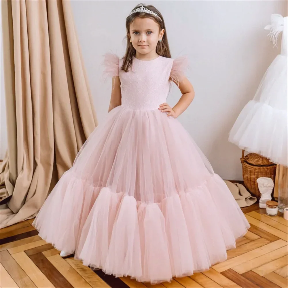 Flower Girl Dress Princess Ball Elegant Long-sleeved Tulle Lace Printing First Communion Dresses Kids Surprise Birthday Present