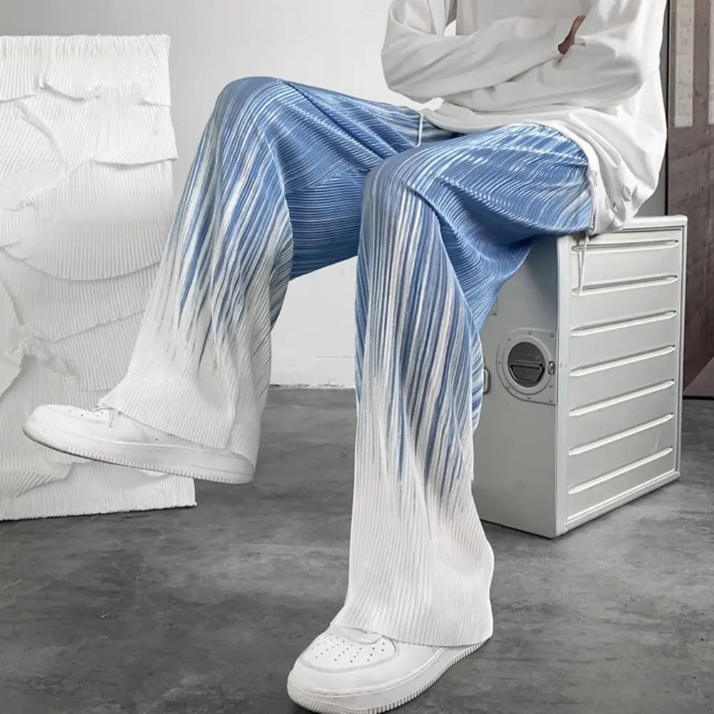Men Pants Contrast Colors Gradient Color Striped Loose Baggy Match Top Elastic Waist Wide Leg Men Summer Pants Men Clothing