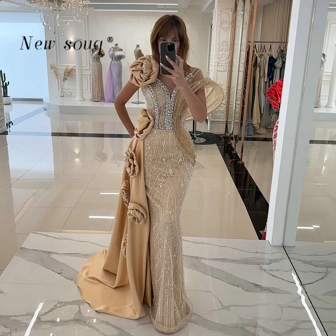 

Customized Middle Eastern Champagne Long Mermaid Evening Dresses with Satin Side Train Crystals Beaded Flowers Prom Party Gowns