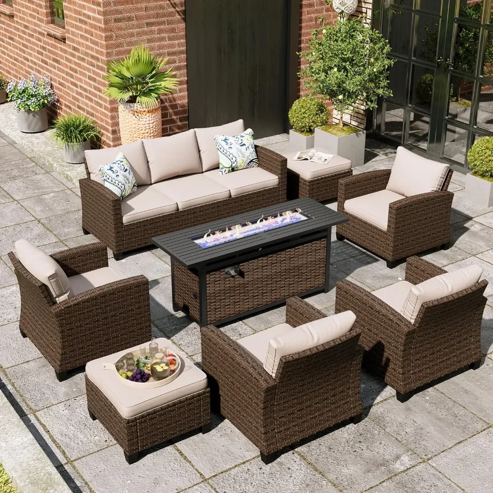 

Patio Furniture Set, 8 Pieces Wicker Outdoor Conversation Set with 4" Thick Cushion and 56" Fire Pit Table, Beige