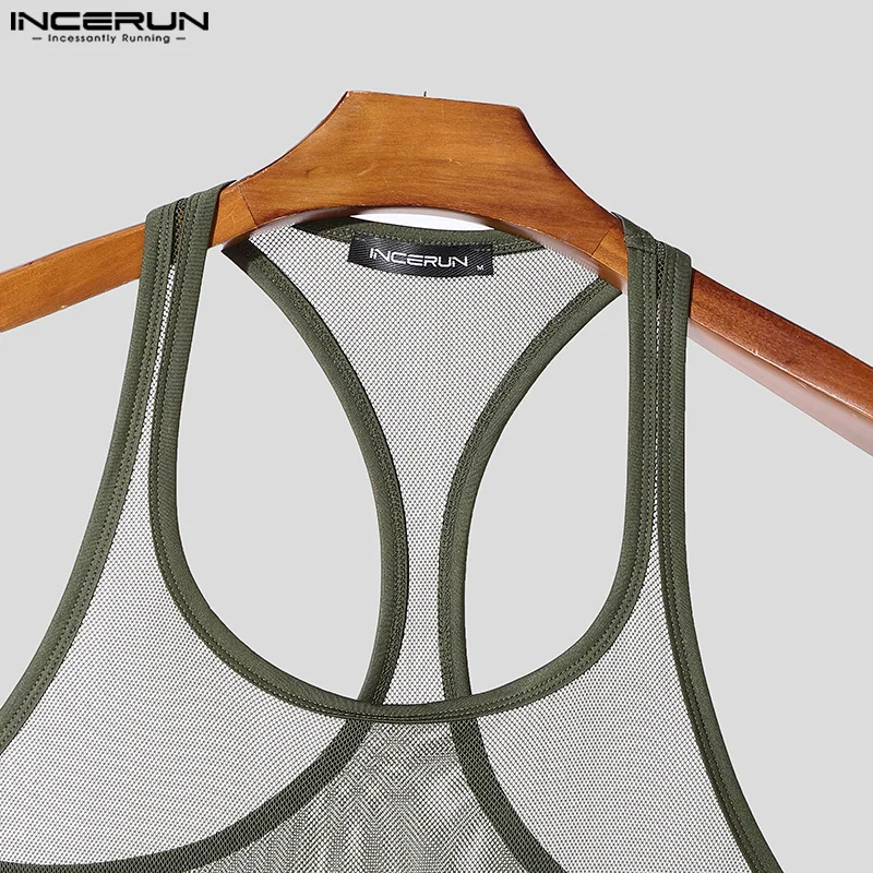 INCERUN Herren Mesh-Tanktops Lässige Einfarbige U-Ausschnitt Männer Sexy Westen Sommer Ärmellose Tops Attraktive Durchsichtige Herrenbekleidung – Detail 13