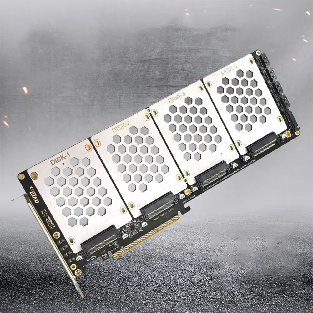 4-Port NVMe Interface PCIe X16 Conversion Card Motherboard Support PCIe X4x4x4x4 Bifurcation with LED Indicator for PC