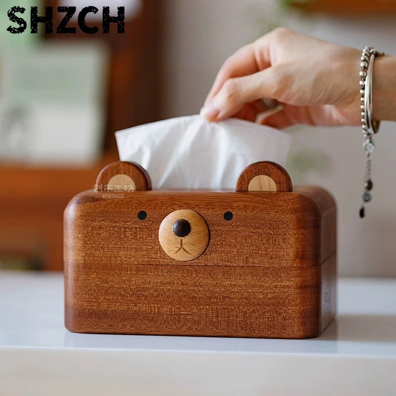 Cute Bear-Shaped Solid Wood Tissue Box, Cartoon Napkin Holder for Entryway Decor, Aesthetic Home Accent for Living Room