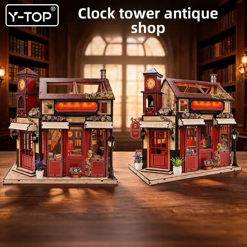 DIY Wooden 3D Puzzle Miniature House with LED Light Vintage Clock Tower Model Educational Craft Kit for Home Decoration