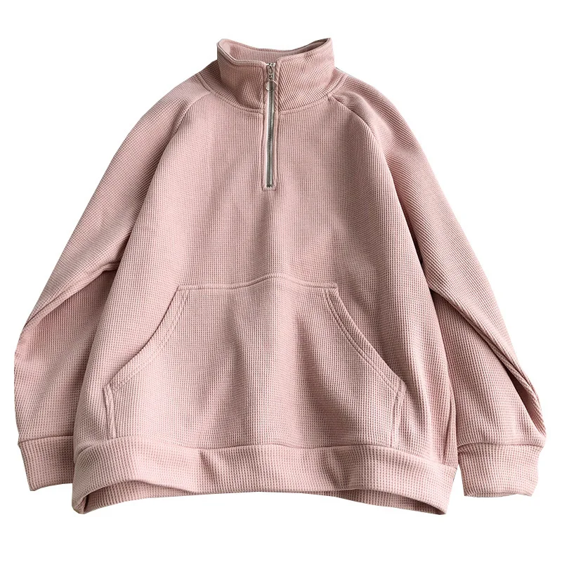 Waffle Sweatshirt Women Stand Collar Zipper Fleece Hoodie Oversized Loose Pullover Autumn Winter Elegant New Female BF Style Top