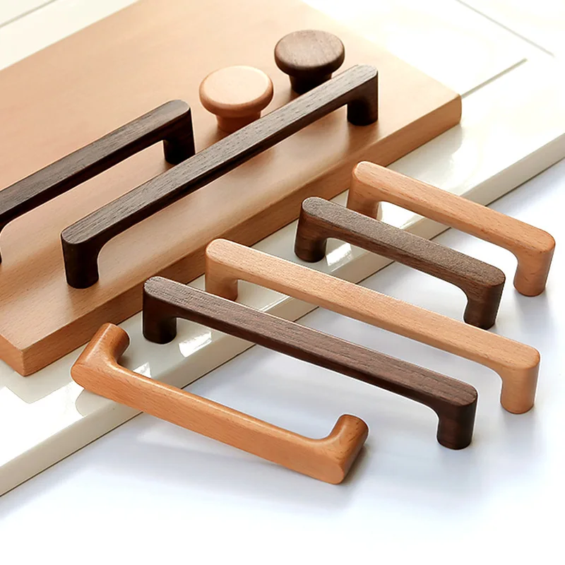 WV Natural Wood-Colored Solid Wood Cabinet Door Wardrobe Door Handle Modern Simple Drawer Pulls Hardware for Kitchen Bathroom