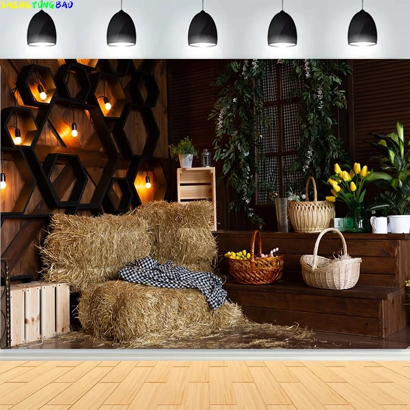 Pano de cowboy ocidental do campo, porta de celeiro rústica, cenários fotográficos, fardos de feno, roda, velas, fundo de fazenda