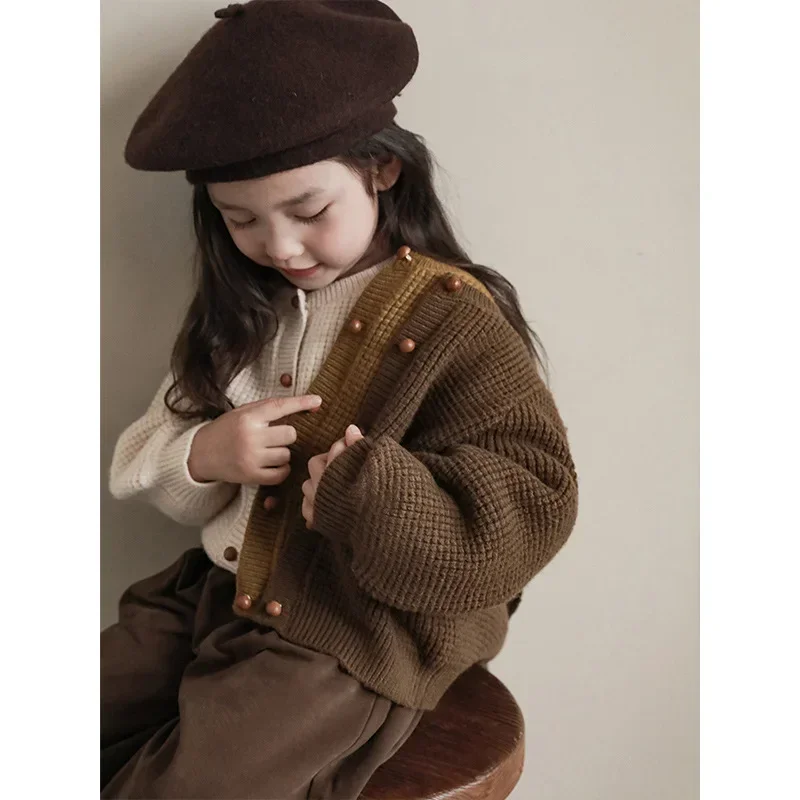 

Girls Retro Knitted Sweater Cardigan Autumn New Children's Casual Round Neck Solid Color Buttons Long-Sleeved Coats